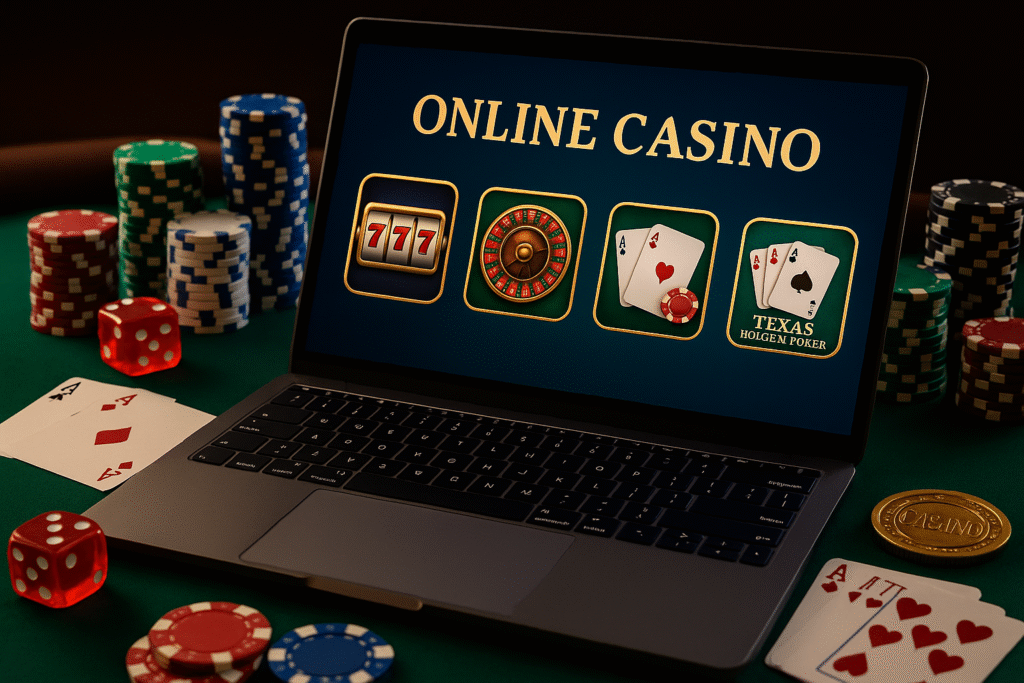 온라인 카지노 게임 화면이 표시된 노트북과 주변의 포커 칩, 주사위, 카드가 배치된 카지노 테마 이미지