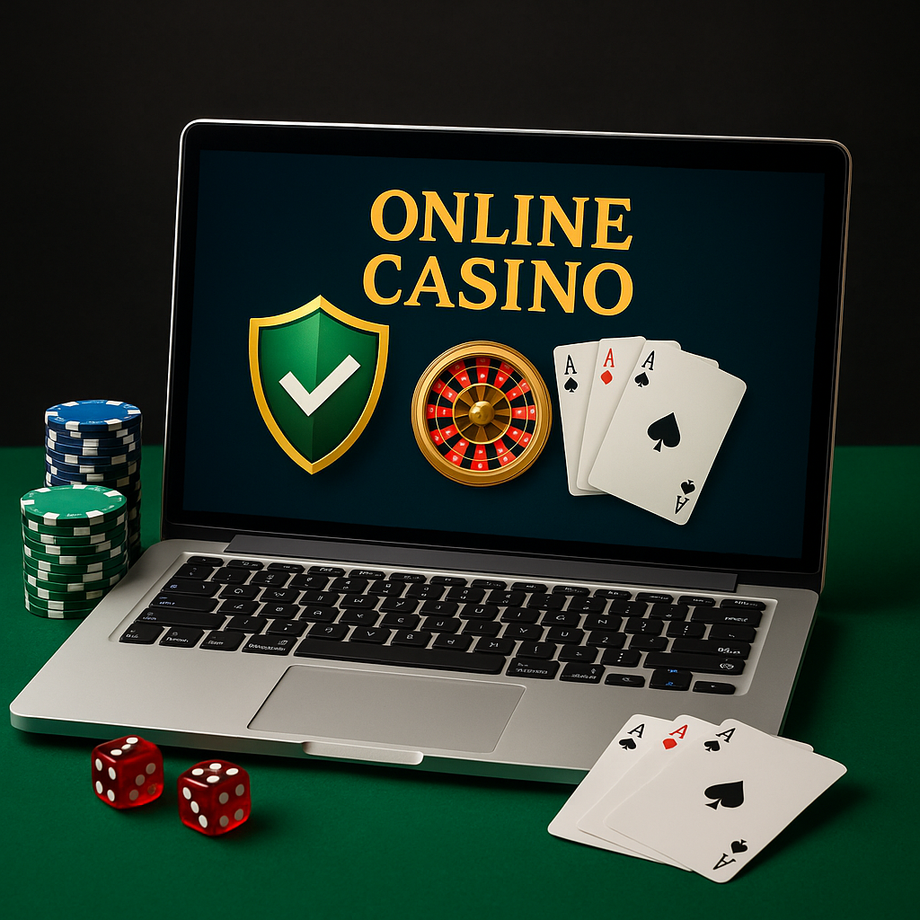 온라인 카지노 화면이 표시된 노트북과 주변의 칩, 주사위, 카드가 배치된 안전한 카지노사이트 상징 이미지